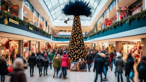 Create an image of a festive scene at a vibrant shopping mall during Black Friday in Germany. Showcase extravagant peacock-themed decorations throughout the mall, with banners announcing Black Friday Angebote (Black Friday Deals) in bold text. Shoppers of diverse backgrounds are excitedly searching for the best deals, holding shopping bags with peacock feather patterns. The overall atmosphere is bustling and joyful, capturing the excitement of the best bargains of the year.