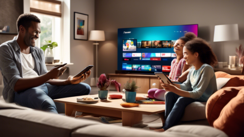 Create an illustrative image depicting a living room setup where a family is enjoying Spectrum TV on multiple devices. Show a smart TV mounted on the wall with a vibrant Spectrum TV interface. On a coffee table, display a laptop and tablet both streaming different Spectrum TV shows. Include a smartphone in someone’s hand with the Spectrum TV app open, highlighting the versatility of accessing Spectrum TV on various devices. Add cozy elements like a couch and ambient lighting to give a warm atmosphere.