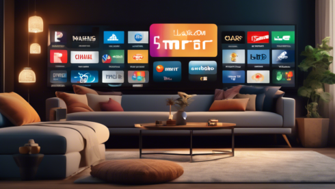 Create an image of a living room setting with a large smart TV displaying a variety of streaming service logos and icons. The TV screen should also show a grid of local channel logos alongside the streaming services, illustrating a seamless integration. The room should have a cozy and modern aesthetic, with a comfortable couch, a coffee table with popcorn and a remote control, and warm lighting to create a relaxing atmosphere for streaming.