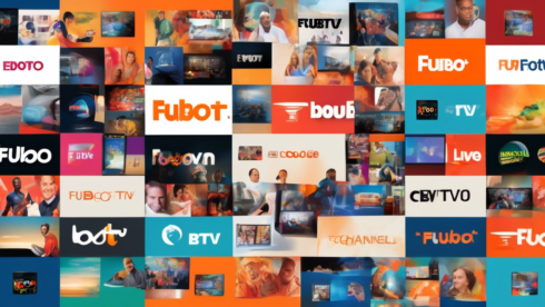 Create an image depicting a vibrant and colorful collage of television screens, each displaying a different popular fuboTV channel. Include sports channels with live sports action, news channels with breaking news headlines, entertainment channels featuring popular TV shows, and lifestyle channels showcasing cooking or travel content. The fuboTV logo should be prominently displayed in the center of the collage.