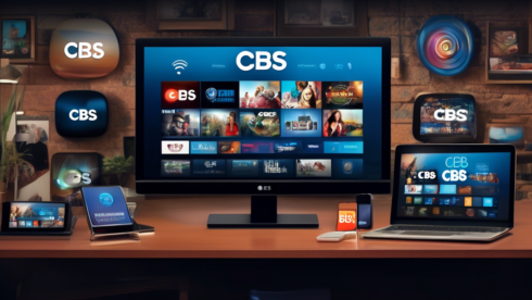 Create an image that represents the advantages and features of CBS streaming services. Include various devices such as a smart TV, laptop, tablet, and smartphone all displaying the CBS logo. Surround these devices with icons depicting streaming features like on-demand content, live TV, exclusive shows, and user-friendly interfaces. Add graphical elements that symbolize accessibility and variety, such as a diverse selection of shows and movies, flexibility, and ease of navigation. Use a modern and tech-savvy color palette to emphasize the innovative aspect of the streaming services.