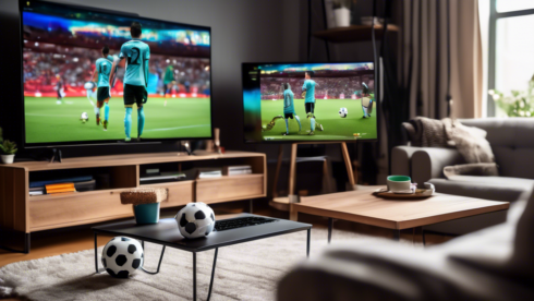 Create an image of a cozy living room with a modern smart TV displaying a vibrant live stream of a soccer match. In the foreground, a laptop and a tablet are open on a coffee table, each showing different live TV channels. Around the devices, you can see a bowl of popcorn, a remote control, and a pair of headphones, emphasizing the theme of streaming live TV online from multiple devices. The room is softly lit, creating a warm and inviting atmosphere, symbolizing the ease and convenience of watching live television online.