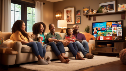 Create an image of a diverse family sitting together in a cozy living room, watching a large flat-screen TV. The screen displays a collage of popular family-friendly TV channels' logos, such as Disney Channel, Nickelodeon, Cartoon Network, and PBS Kids. Include subtle, warm lighting to give the room a welcoming and comfortable atmosphere, and ensure the family members appear engaged and happy. Add small elements around the room that suggest a harmonious and multicultural household.