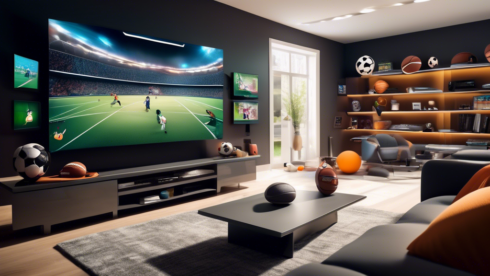 Create an image depicting a futuristic, tech-savvy living room with a large, high-definition smart TV. The screen displays an array of popular sports being streamed simultaneously – soccer, basketball, tennis, and Formula 1 racing. In the background, shelves are filled with sports memorabilia. The scene conveys a comfortable and immersive streaming experience, highlighting technology and variety in sports entertainment. Include subtle logos or icons representing different streaming services, without using explicit brand names.