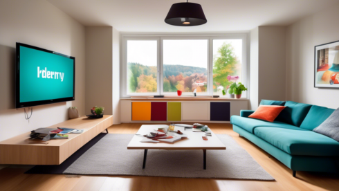 Create an image depicting a living room in a modern German apartment with a large flat-screen TV displaying a colorful live TV program interface. The TV shows a variety of channels and streaming options, capturing the essence of free live TV in Germany. In the room, there's a comfortable sofa, a coffee table with a remote control, and a window with a view of a German cityscape in the background. The atmosphere is cozy and inviting, emphasizing the convenience and accessibility of accessing free live TV at home.