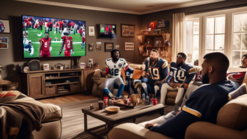 Create an image depicting a diverse group of people gathered in a cozy living room, eagerly watching an NFL game on a large TV screen. The room is filled with team memorabilia, such as flags and jerseys, representing various NFL teams. The scene captures the excitement and intensity of live streaming the game, with laptops and smartphones nearby, showing streaming platforms and social media conversations about the game. The ambiance exudes a sense of community and passion for American football, showcasing fans from different backgrounds uniting to enjoy the sport.