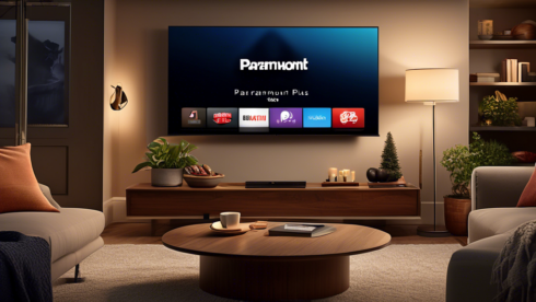 Create an image showcasing a cozy living room setting with a modern flat-screen TV mounted on the wall. On the TV screen, display the Paramount Plus logo alongside popular streaming icons. Include a Roku remote on a nearby coffee table, emphasizing the theme of easy and accessible streaming. Add soft lighting and comfortable furniture to enhance the inviting atmosphere.