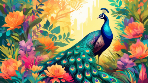 Create an image of a vibrant peacock displaying its magnificent feathers in a lush, colorful garden setting. The scene captures the elegance and beauty of the pecock's plumage against a backdrop of diverse flowering plants and greenery, with sunlight casting a magical glow over the feathers, highlighting their iridescent colors.