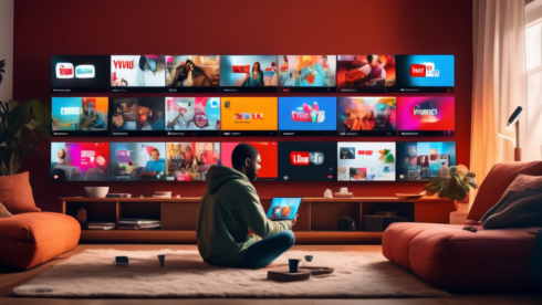 Create an image illustrating a person sitting comfortably in their living room, surrounded by various digital screens and devices displaying different YouTube TV packages. Each screen shows a range of channels and features, represented with vibrant icons and logos, to convey the diversity of choices. The room should have a cozy and modern ambiance, with a soft-focus effect to emphasize the variety and options of the YouTube TV packages available.